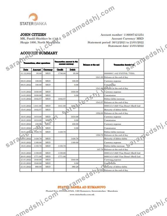 North Macedonia Stater Banka bank statement Excel and PDF template